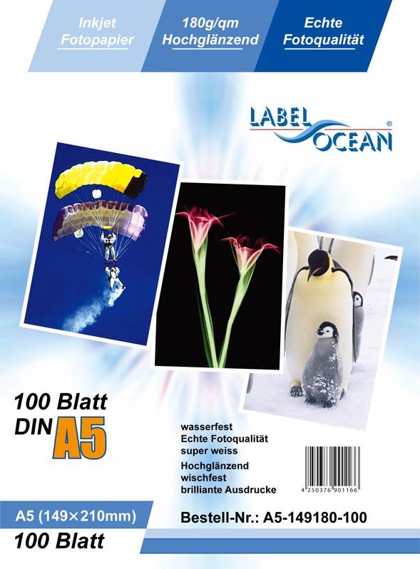 100 Blatt A5 180g/m² Fotopapier HGlossy+wasserfest von LabelOcean