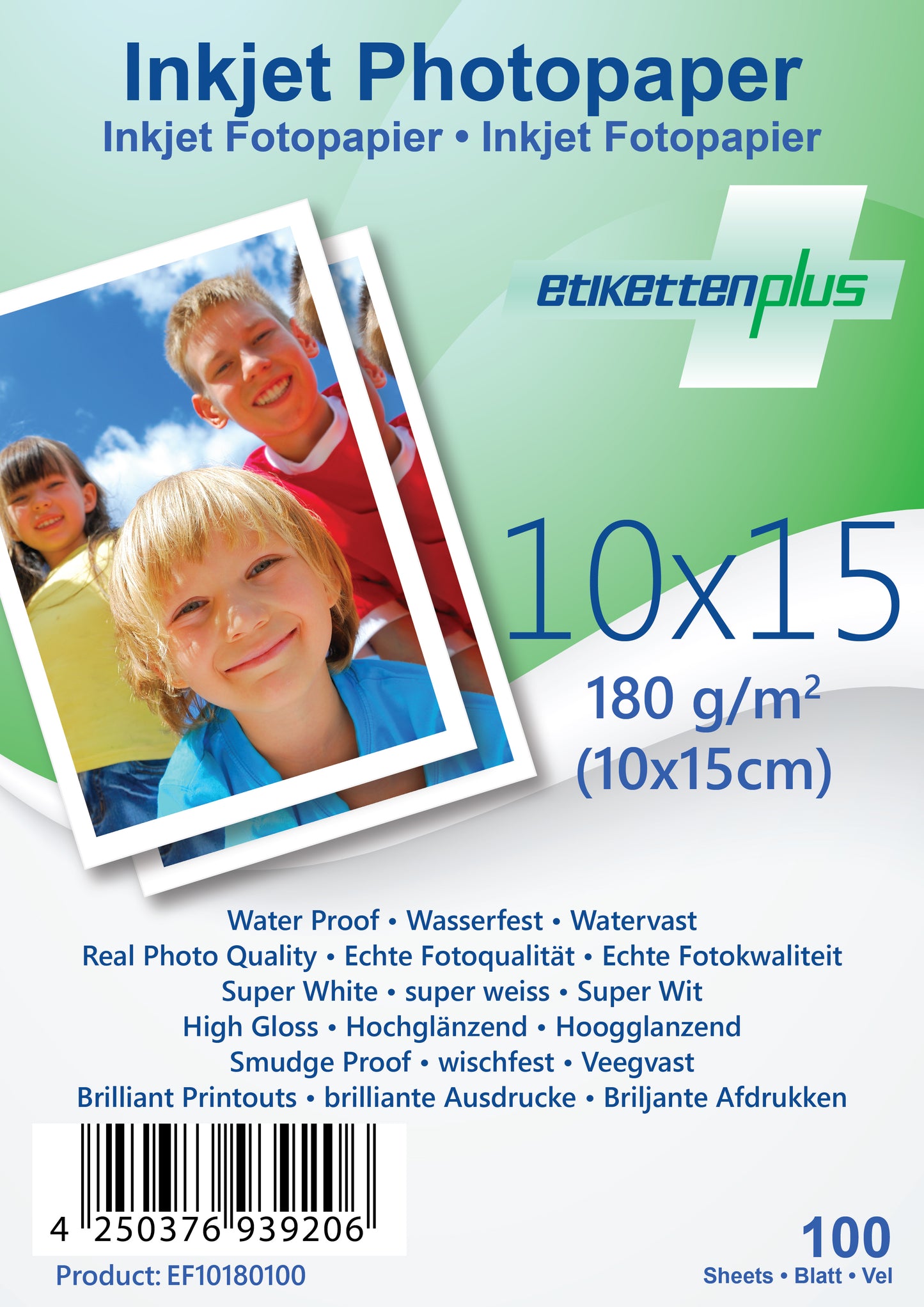 100 Blatt 10x15cm 180g/m² Fotopapier hochglänzend + wasserfest von EtikettenPlus EF10180100