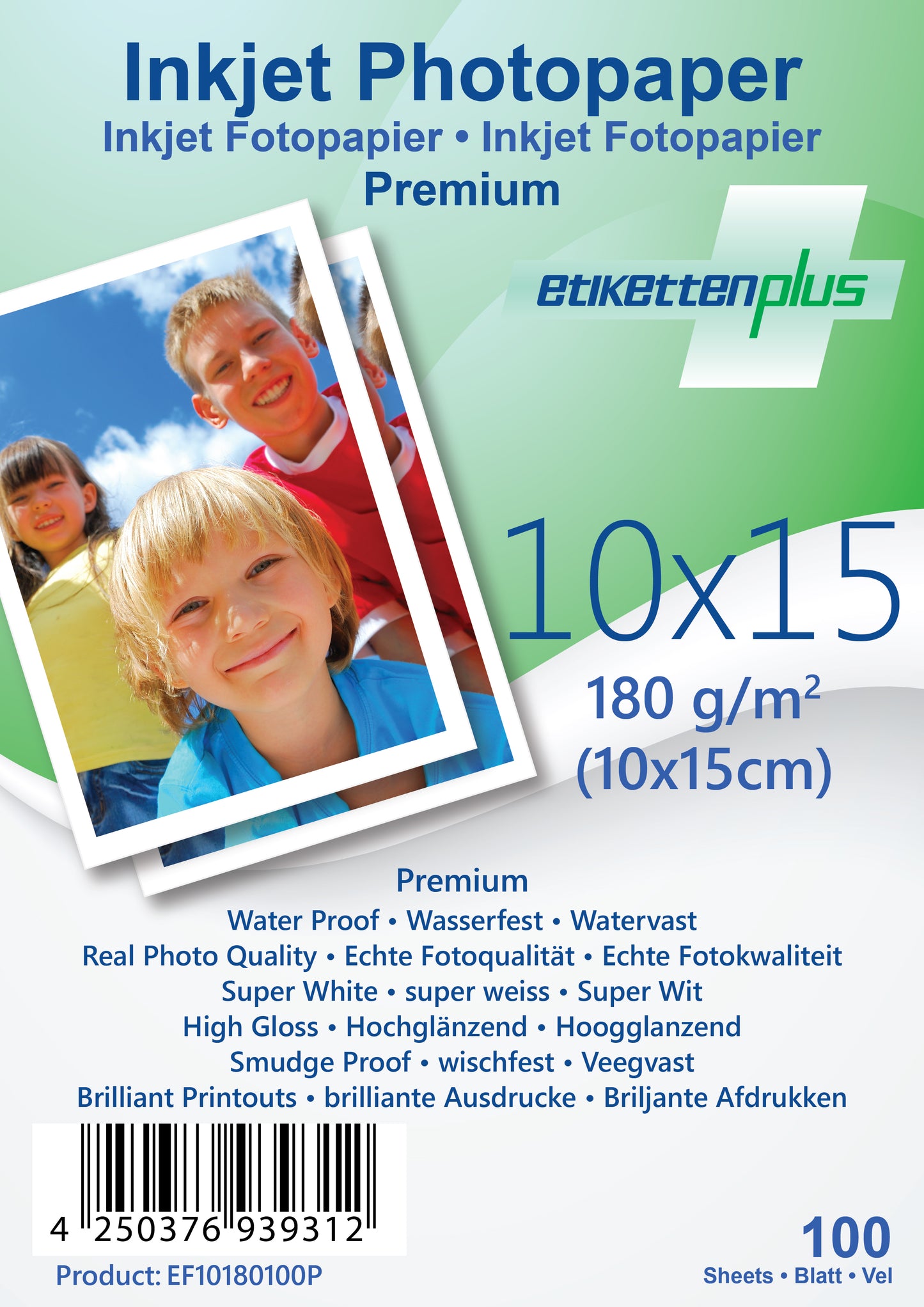 100 Blatt 10x15cm 180g/m² PREMIUM Fotopapier hochglänzend + wasserfest von EtikettenPlus EF10180100P