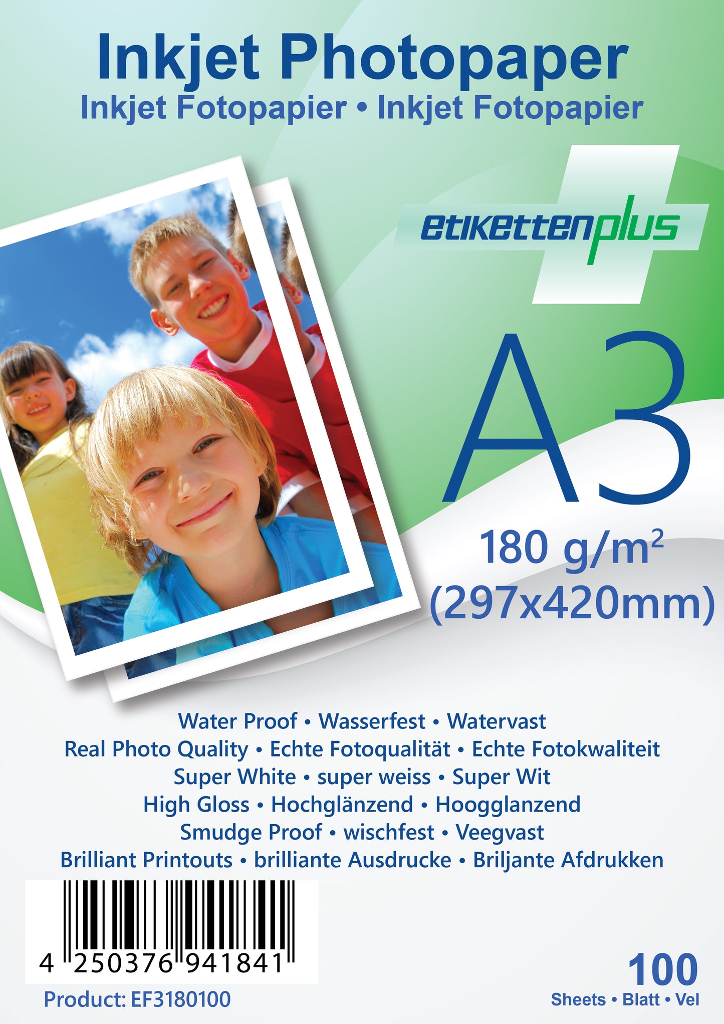 100 Blatt A3 180g/m² Fotopapier hochglänzend + wasserfest von EtikettenPlus EF3180100