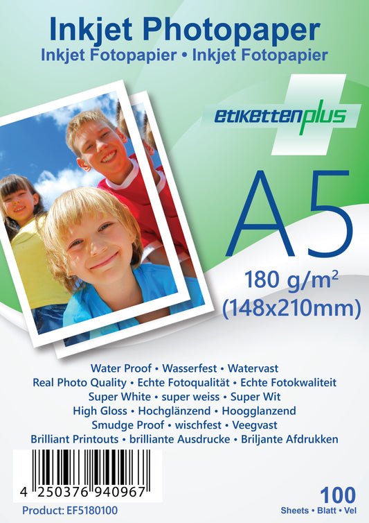 100 Blatt A5 180g/m² Fotopapier glänzend+wasserfest von EtikettenPlus