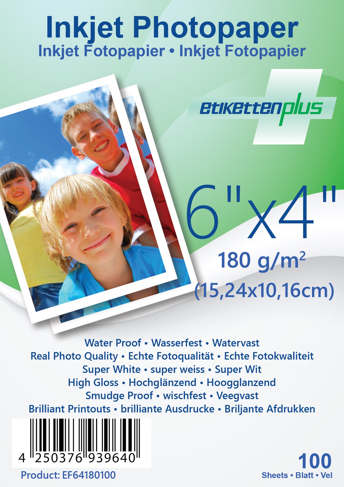100 Blatt 6"x4" 180g/m² Fotopapier hochglänzend + wasserfest von EtikettenPlus EF64180100