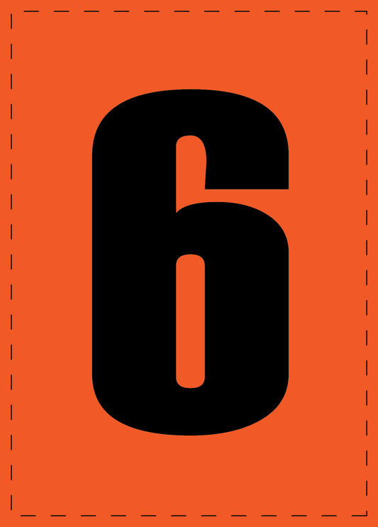Klebebuchstaben und Zahlenaufkleber "6" schwarze Schrift orange Hintergrund  ES-NPVC-6