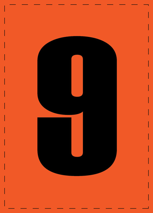 Klebebuchstaben und Zahlenaufkleber "9" schwarze Schrift orange Hintergrund  ES-NPVC-9