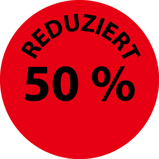 1000 Promotionsaufkleber Angebotsaufkleber Sonderangebotsaufkleber "Reduziert 50%" 2-10 cm aus Papier und Plastik  ES-PR-3050