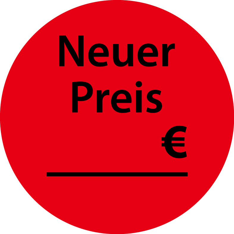 1000 Promotionsaufkleber Angebotsaufkleber Sonderangebotsaufkleber "Neuer Preis ____€" 2-10 cm aus Papier und Plastik ES-PR-4500