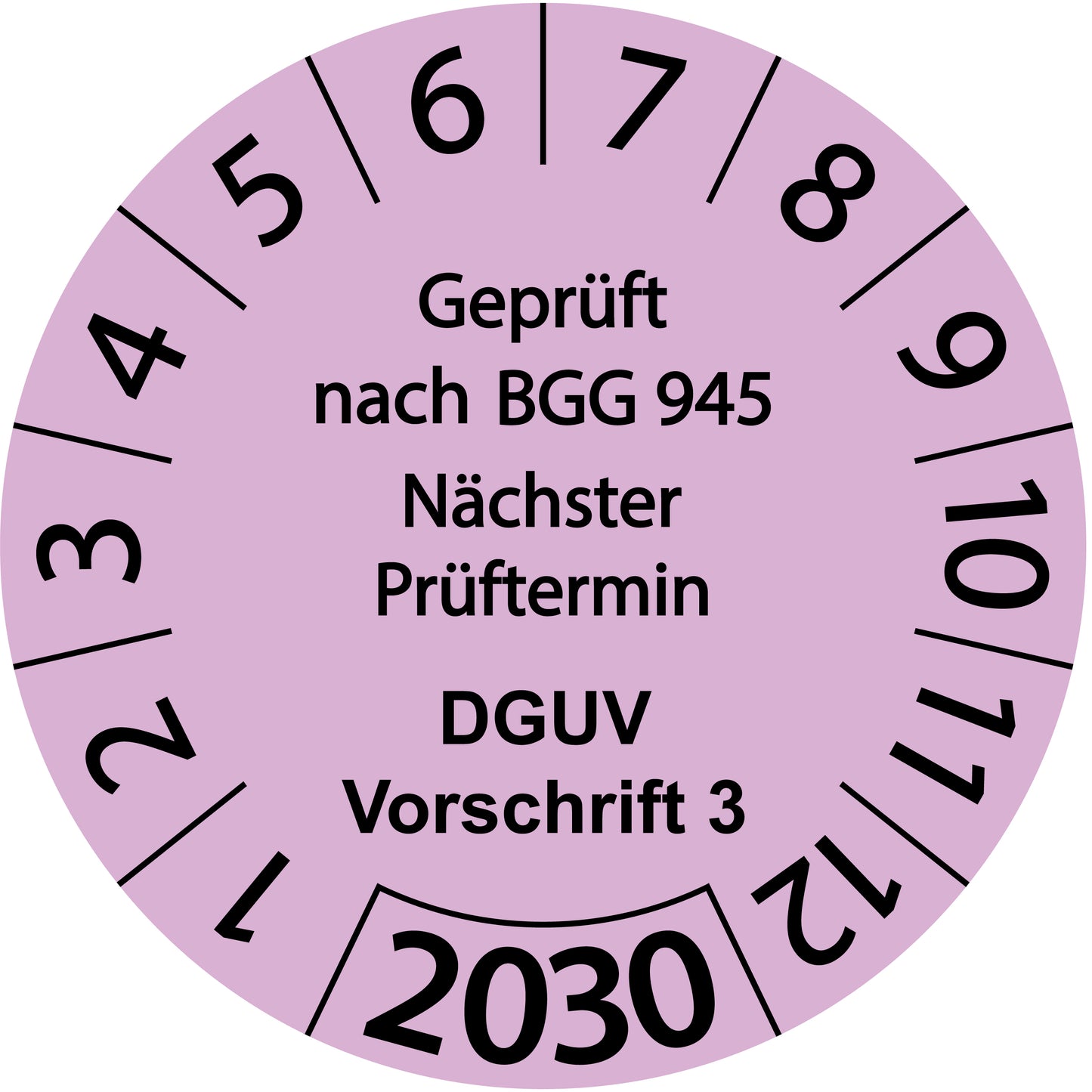 Einjahresprüfetiketten, Geprüft nach BGG 945, Nächster Prüftermin, DGUV Vorschrift 3, Startjahr: 2030 aus Papier oder Plastik
