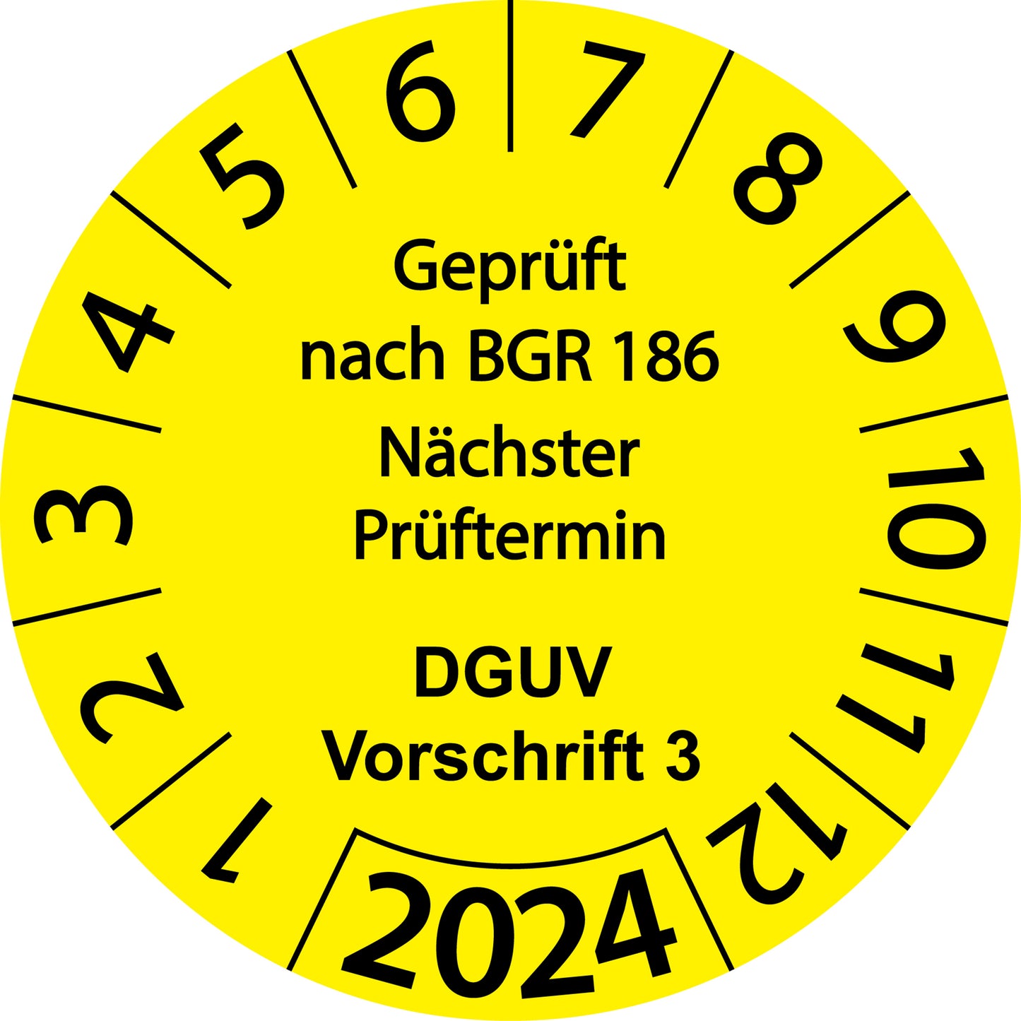 Einjahresprüfetiketten, Geprüft nach BGR 186, Nächster Prüftermin, DGUV Vorschrift 3, Startjahr: 2024 aus Papier oder Plastik