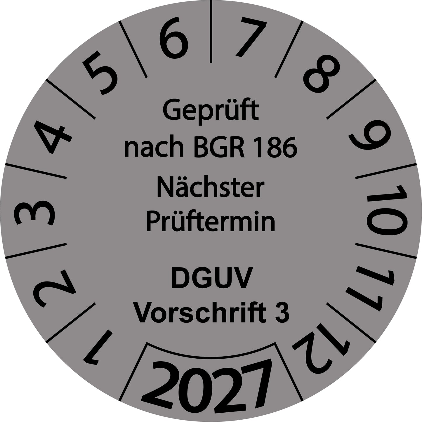 Einjahresprüfetiketten, Geprüft nach BGR 186, Nächster Prüftermin, DGUV Vorschrift 3, Startjahr: 2027 aus Papier oder Plastik