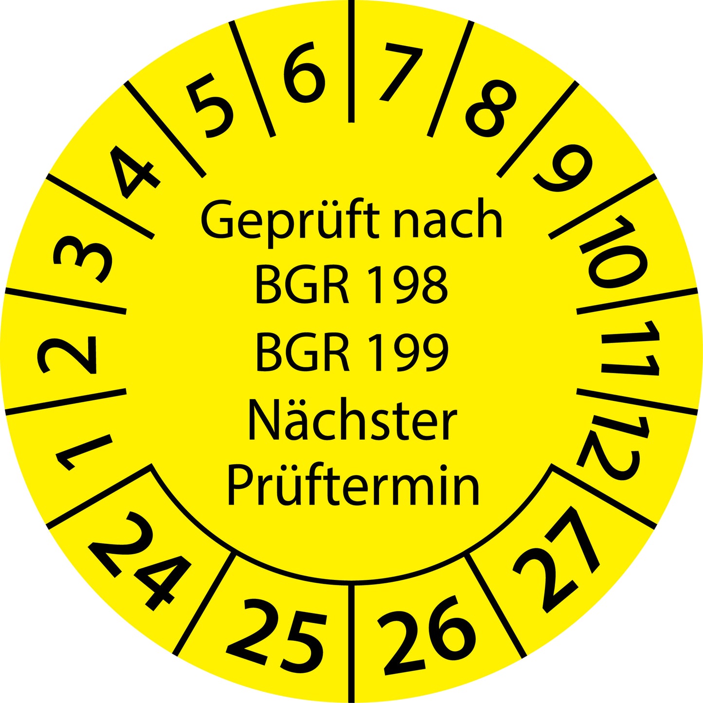 Mehrjahresprüfetiketten, Geprüft nach BGR 198 + BGR 199, Nächster Prüftermin, Startjahr: 2024 aus Papier oder Plastik
