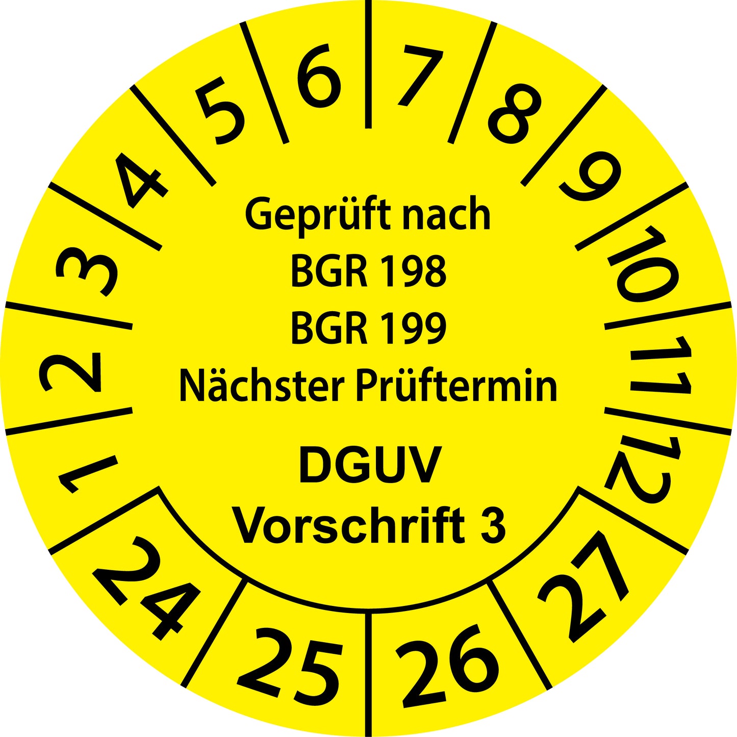 Mehrjahresprüfetiketten, Geprüft nach BGR 198 + BGR 199, Nächster Prüftermin, DGUV Vorschrift 3, Startjahr: 2024 aus Papier oder Plastik
