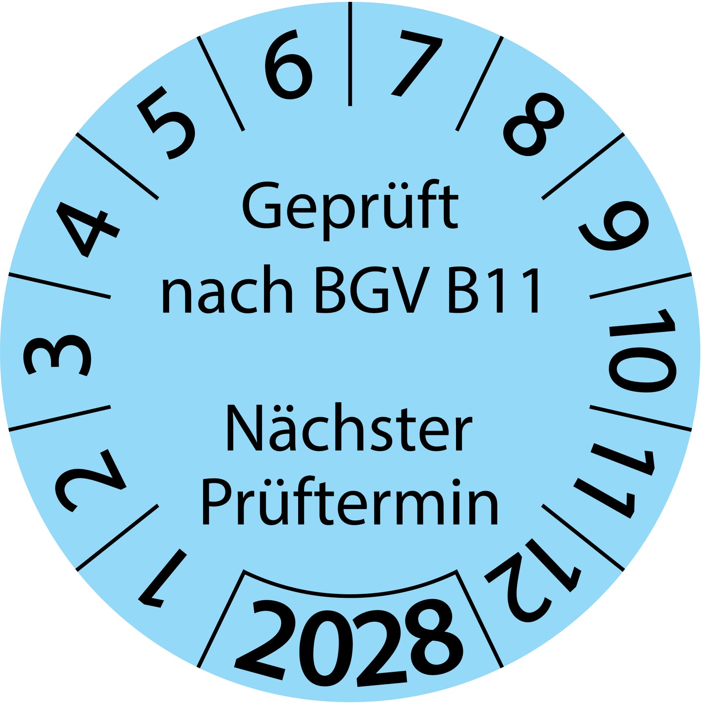 Einjahresprüfetiketten, Geprüft nach BGV B11, Nächster Prüftermin, Startjahr: 2028 aus Papier oder Plastik