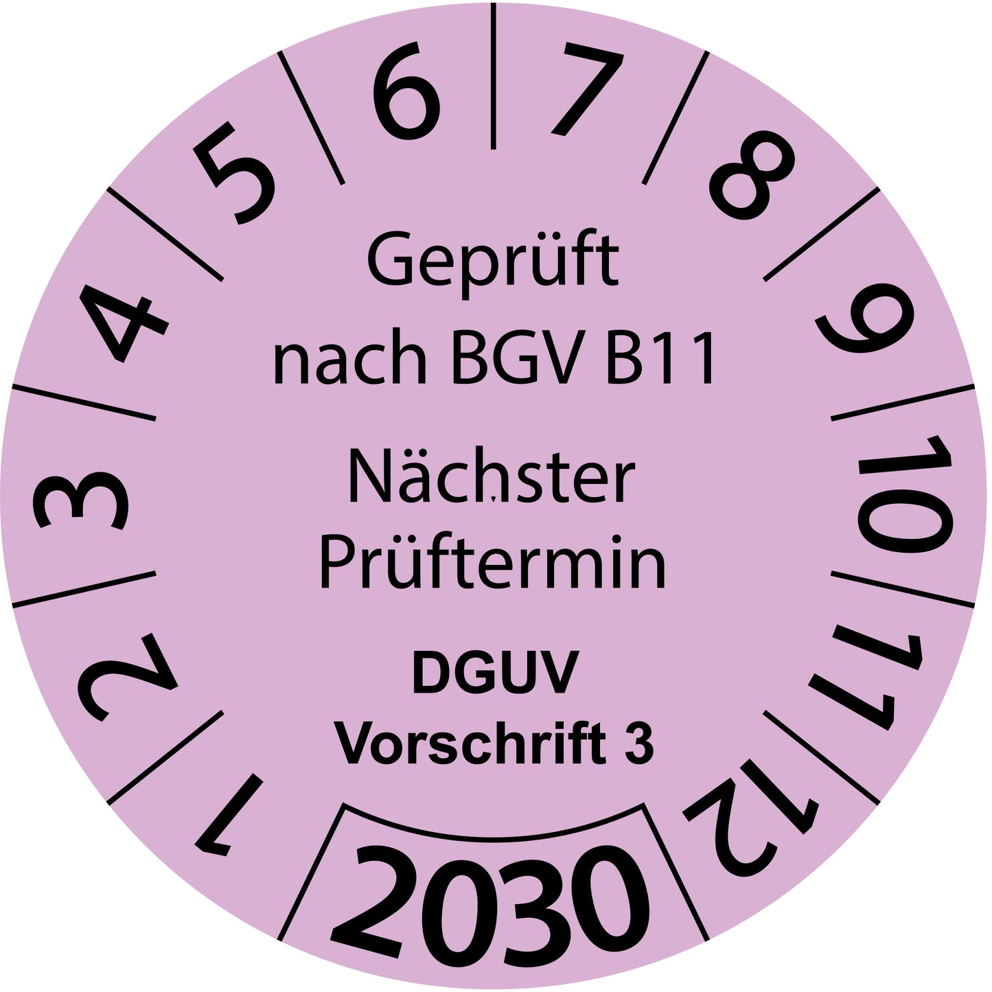 Einjahresprüfetiketten, Geprüft nach BGV B11, Nächster Prüftermin, DGUV Vorschrift 3, Startjahr: 2030 aus Papier oder Plastik