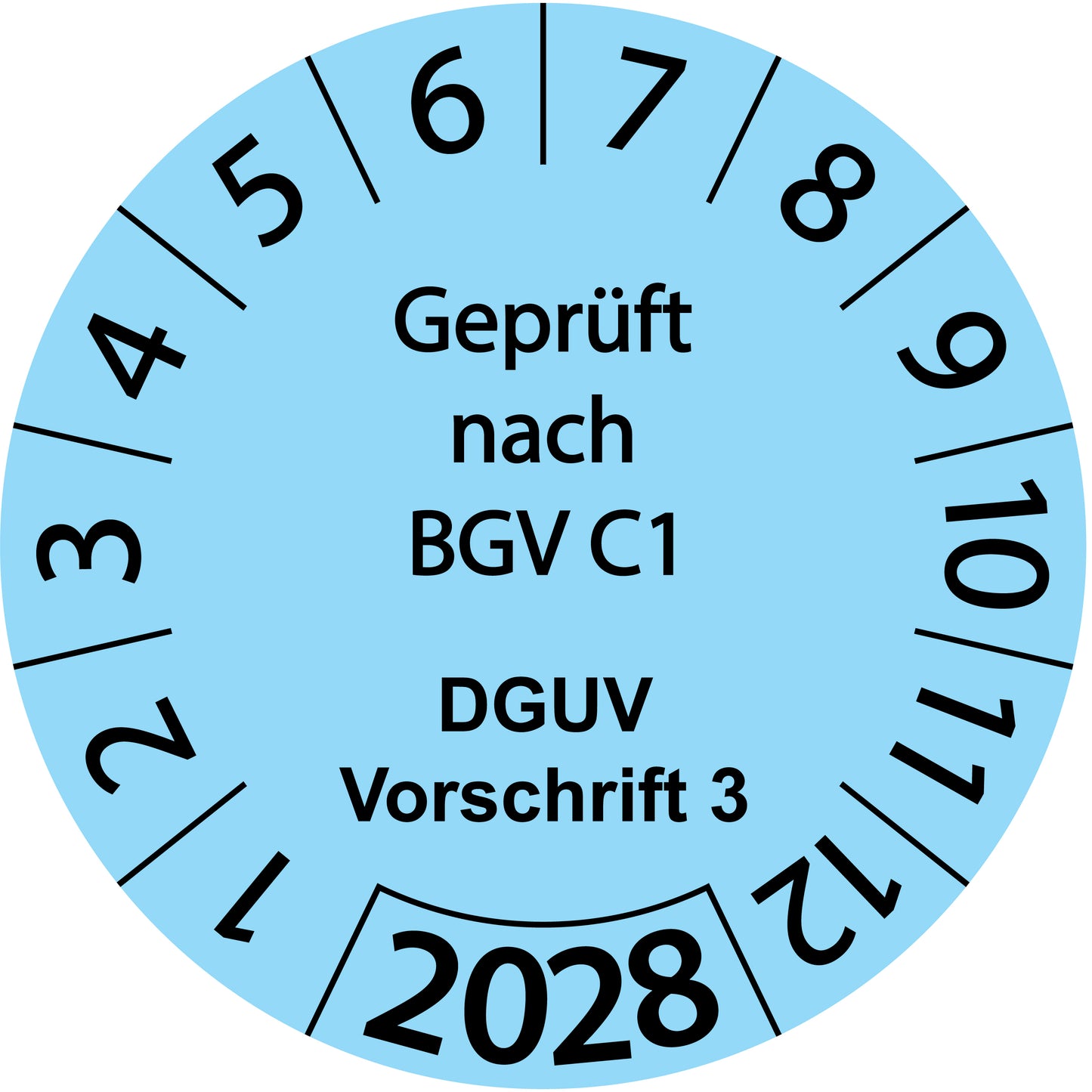 Einjahresprüfetiketten, Geprüft nach BGV C1, DGUV Vorschrift 3, Startjahr: 2028 aus Papier oder Plastik