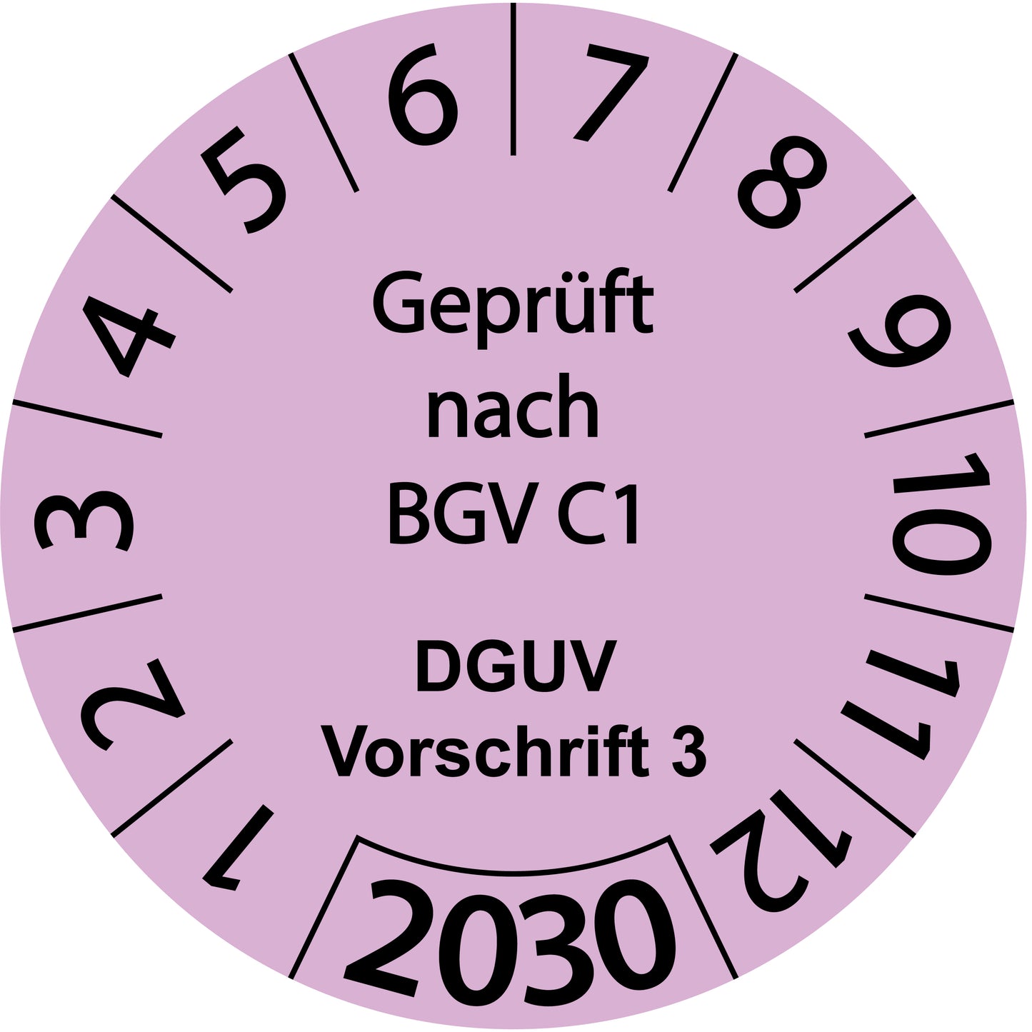 Einjahresprüfetiketten, Geprüft nach BGV C1, DGUV Vorschrift 3, Startjahr: 2030 aus Papier oder Plastik