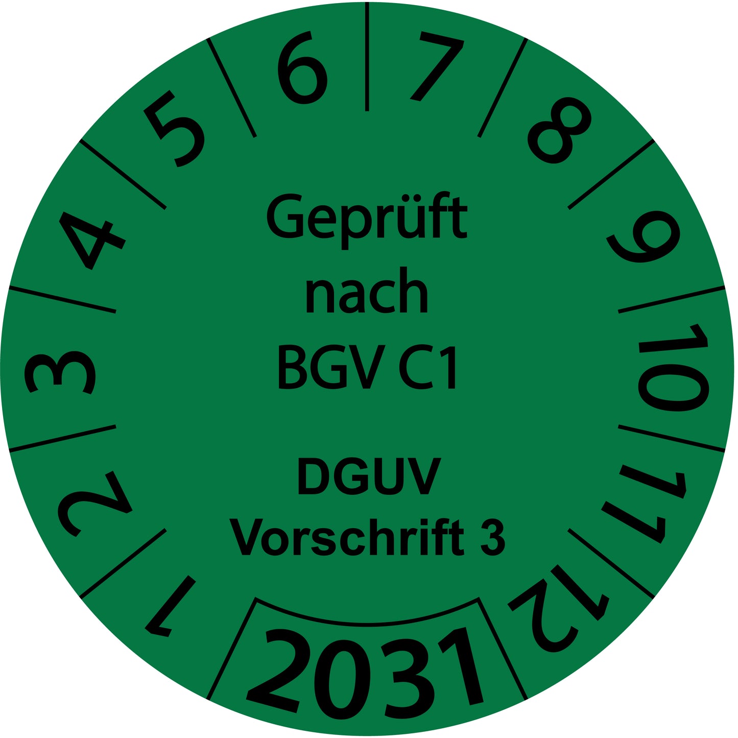 Einjahresprüfetiketten, Geprüft nach BGV C1, DGUV Vorschrift 3, Startjahr: 2031 aus Papier oder Plastik