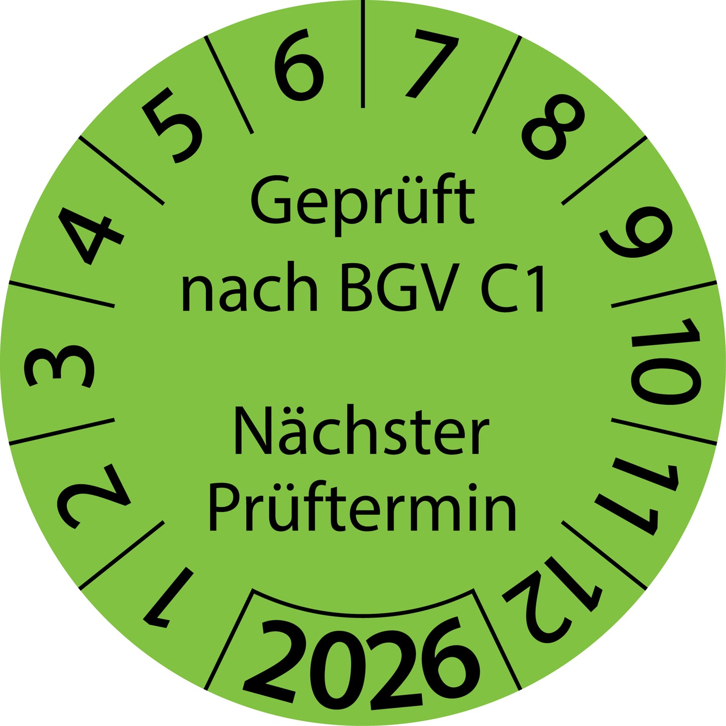 Einjahresprüfetiketten, Geprüft nach BGV C1, Nächster Prüftermin, Startjahr: 2026 aus Papier oder Plastik
