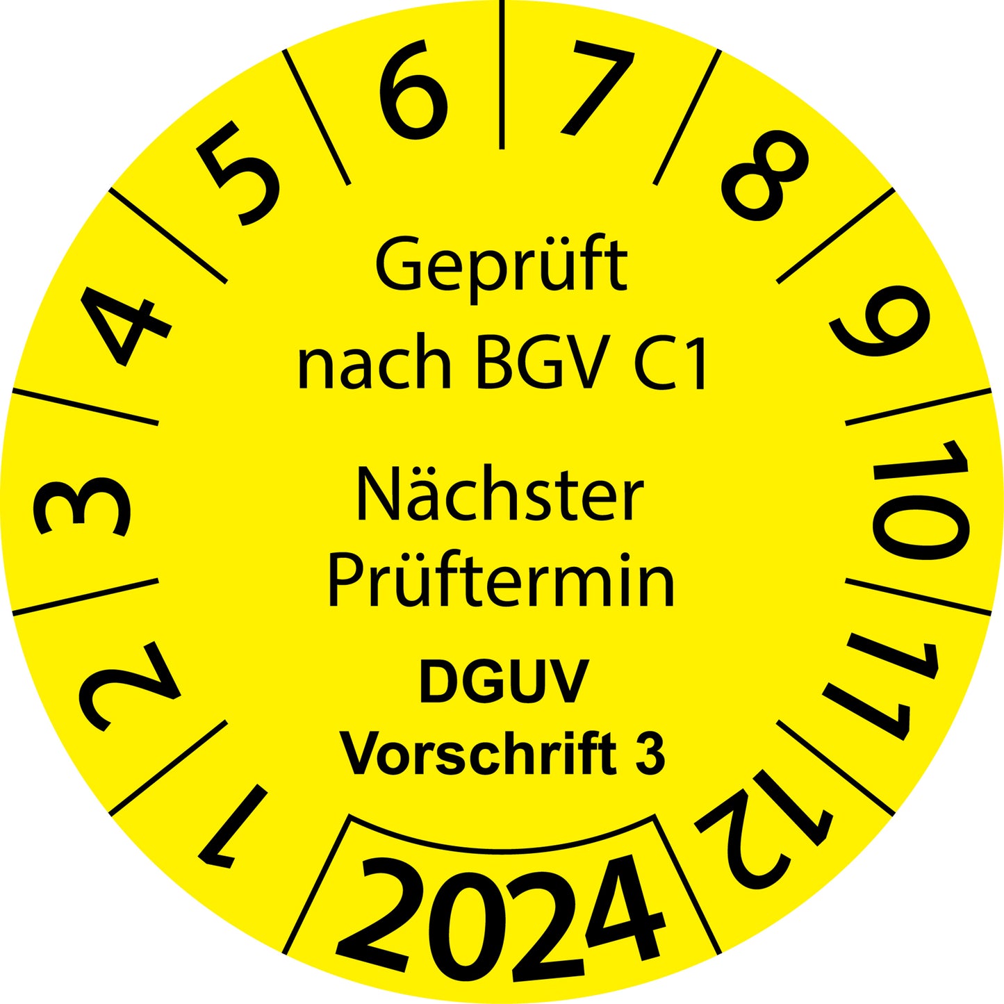 Einjahresprüfetiketten, Geprüft nach BGV C1, Nächster Prüftermin, DGUV Vorschrift 3, Startjahr: 2024 aus Papier oder Plastik