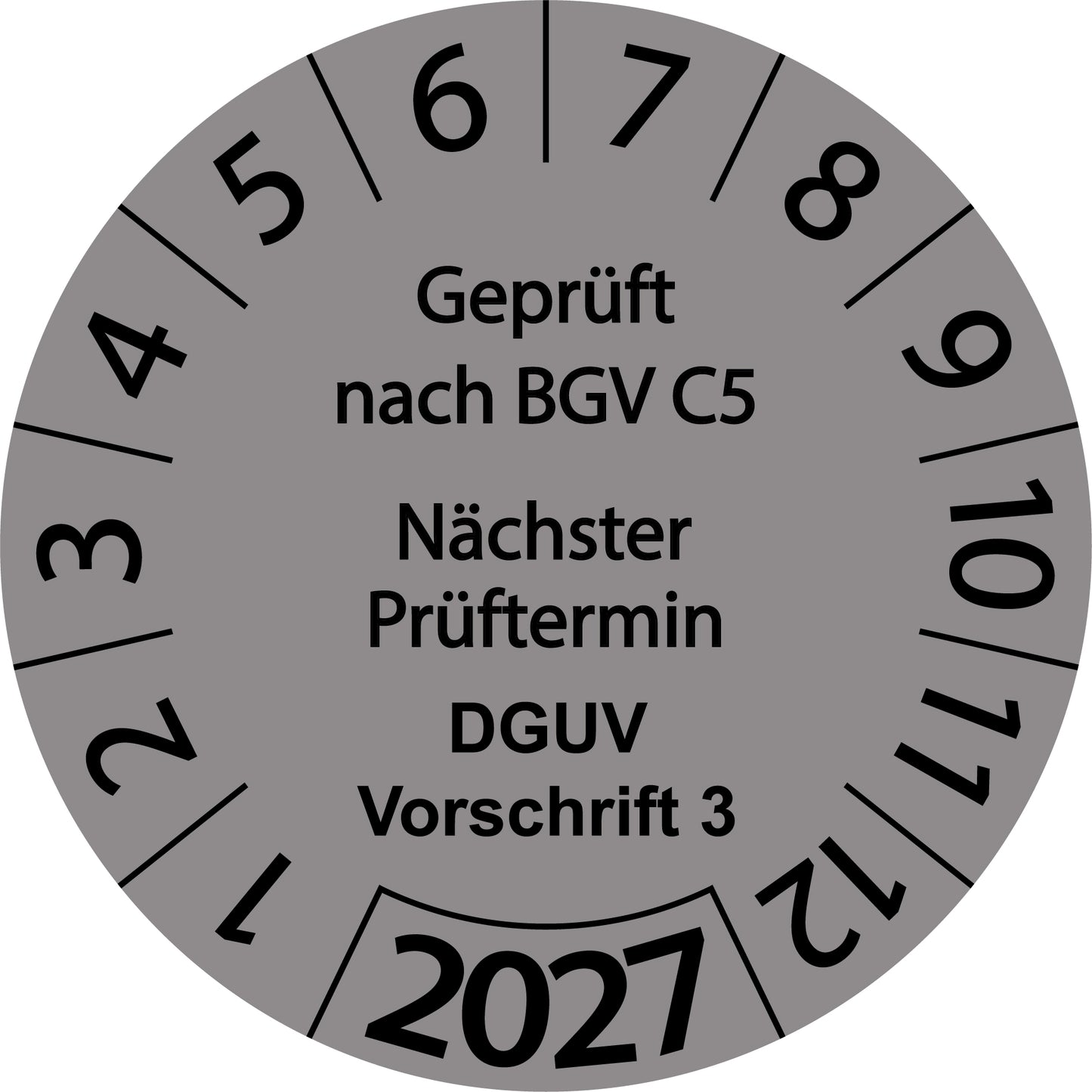 Einjahresprüfetiketten, Geprüft nach BGV C5, Nächster Prüftermin, DGUV Vorschrift 3, Startjahr: 2027 aus Papier oder Plastik