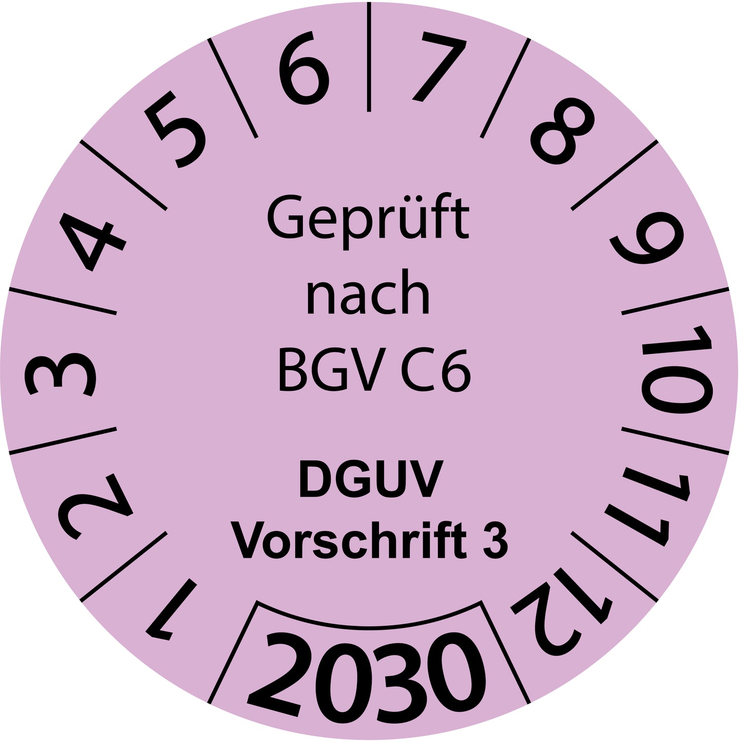 Einjahresprüfetiketten, Geprüft nach BGV C6, DGUV Vorschrift 3, Startjahr: 2030 aus Papier oder Plastik