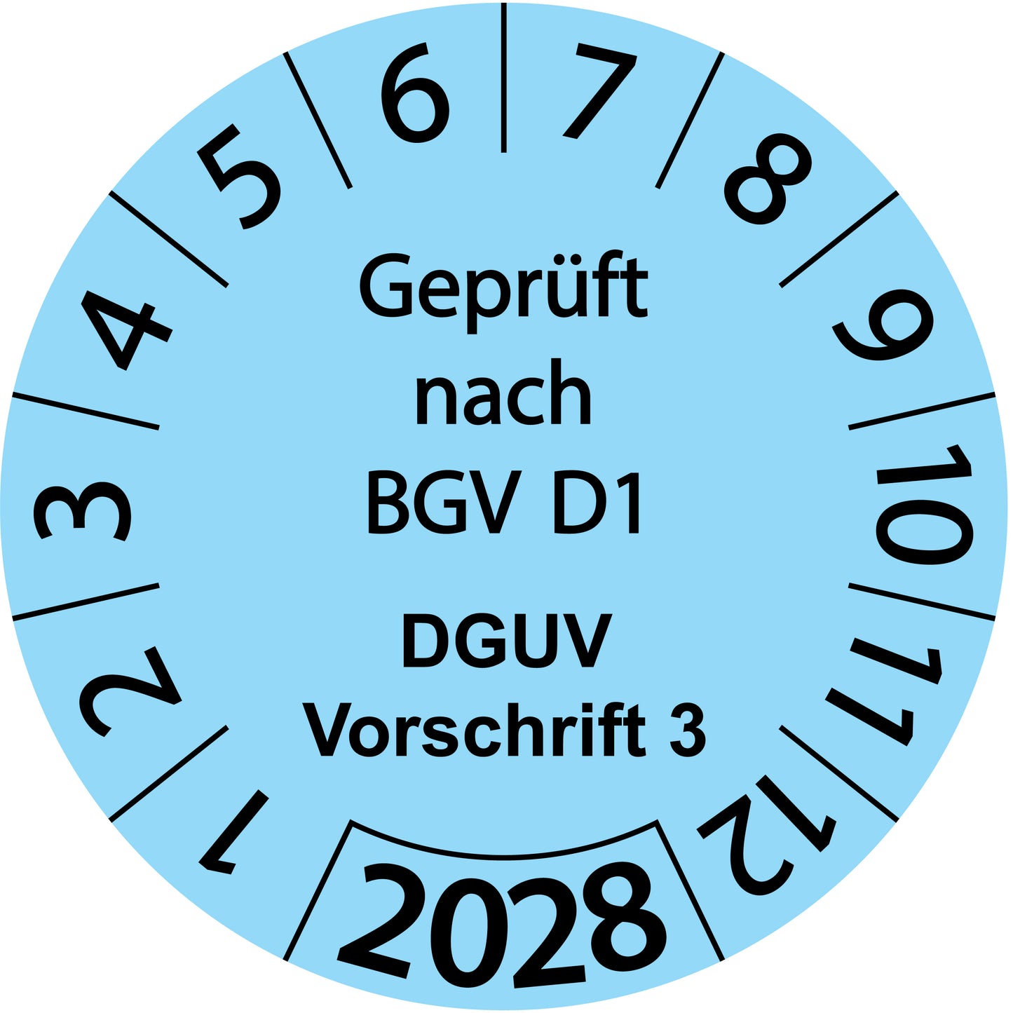Einjahresprüfetiketten, Geprüft nach BGV D1, DGUV Vorschrift 3, Startjahr: 2028 aus Papier oder Plastik