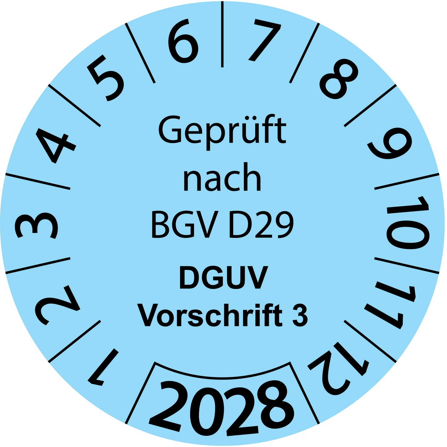 Einjahresprüfetiketten, Geprüft nach BGV D29, DGUV Vorschrift 3, Startjahr: 2028 aus Papier oder Plastik