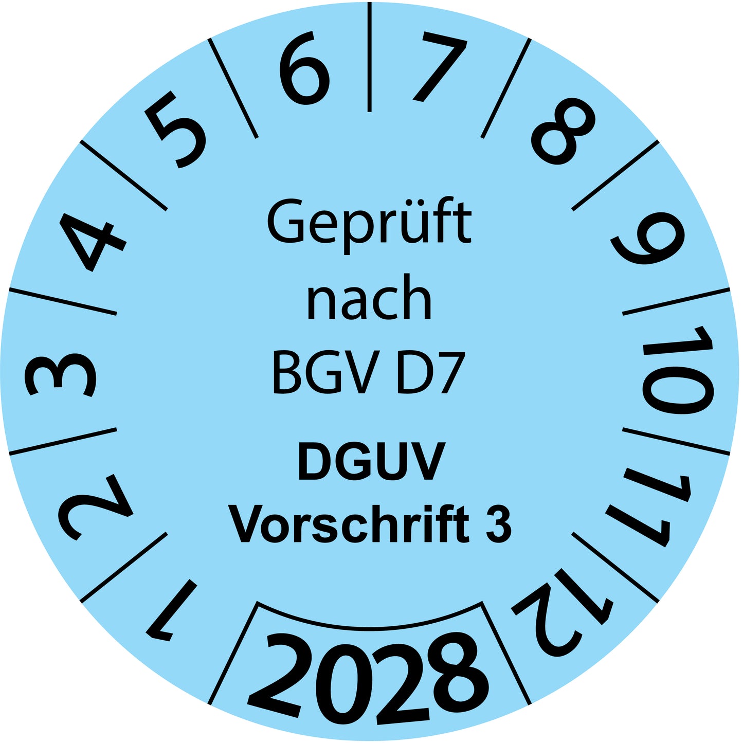 Einjahresprüfetiketten, Geprüft nach BGV D7, DGUV Vorschrift 3, Startjahr: 2028 aus Papier oder Plastik