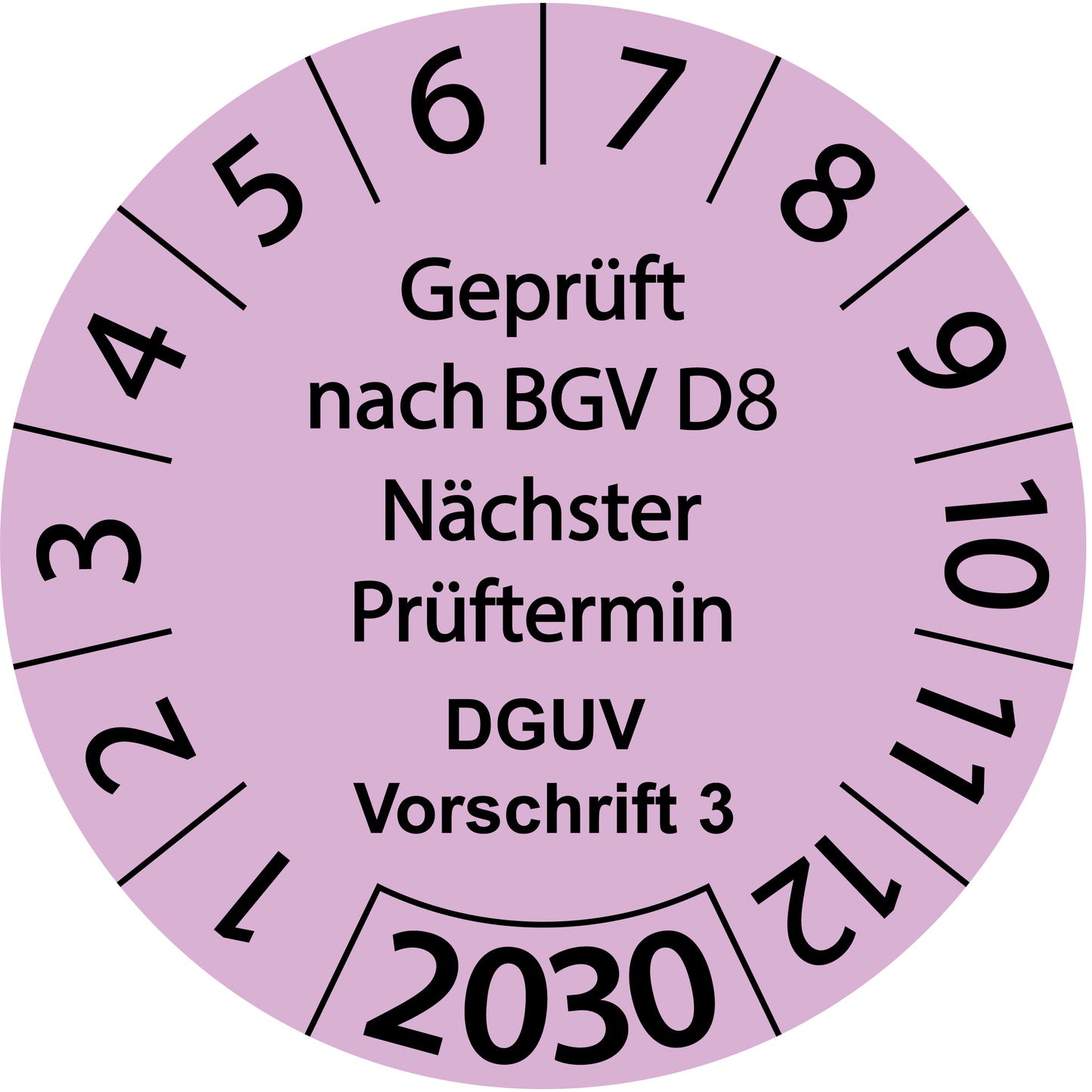 Einjahresprüfetiketten, Geprüft nach BGV D8, Nächster Prüftermin, DGUV Vorschrift 3, Startjahr: 2030 aus Papier oder Plastik
