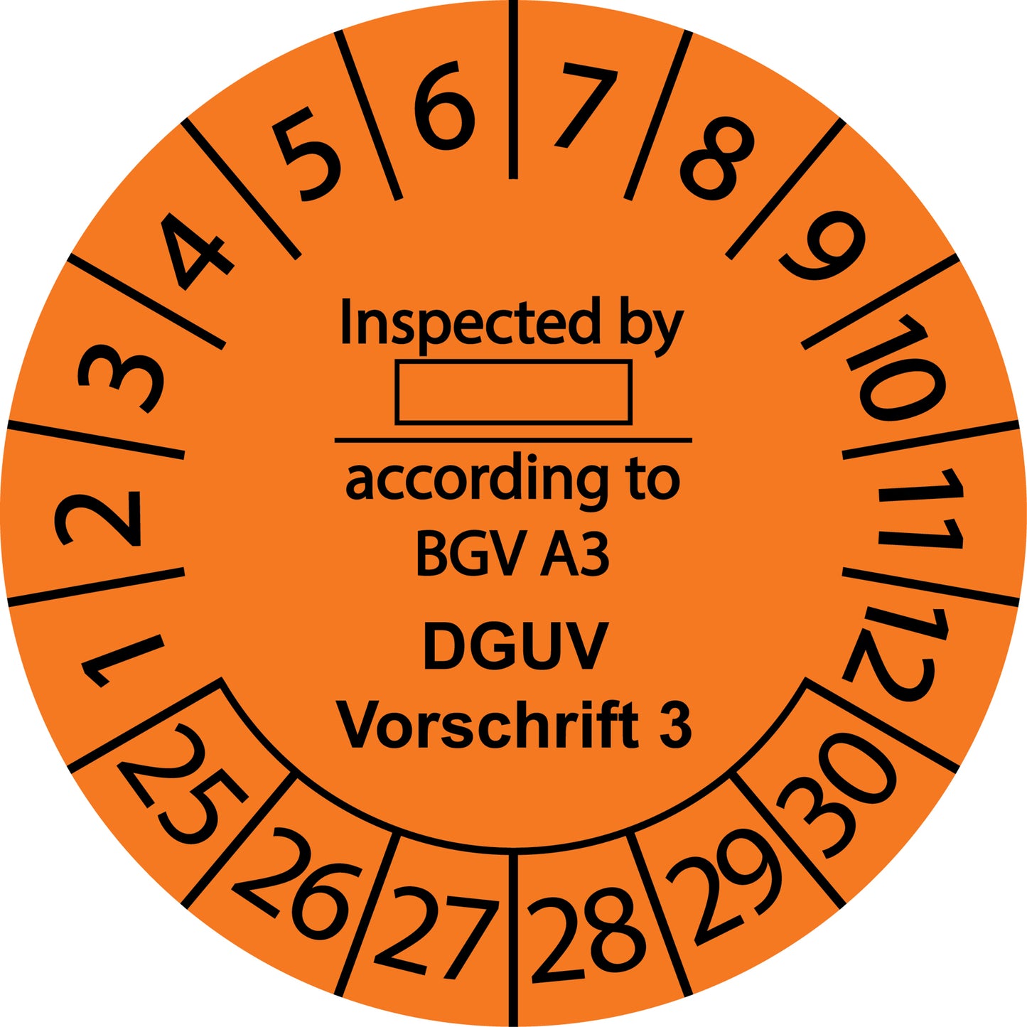 Mehrjahresprüfetiketten, Inspected by ..., according to BGV A3, DGUV Vorschrift 3, Startjahr: 2025 aus Papier oder Plastik