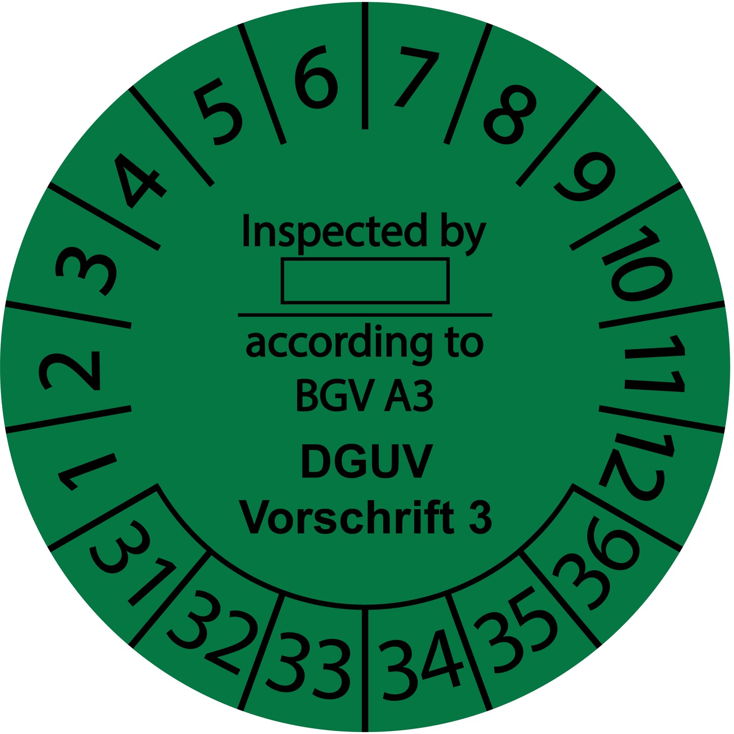 Mehrjahresprüfetiketten, Inspected by ..., according to BGV A3, DGUV Vorschrift 3, Startjahr: 2031 aus Papier oder Plastik