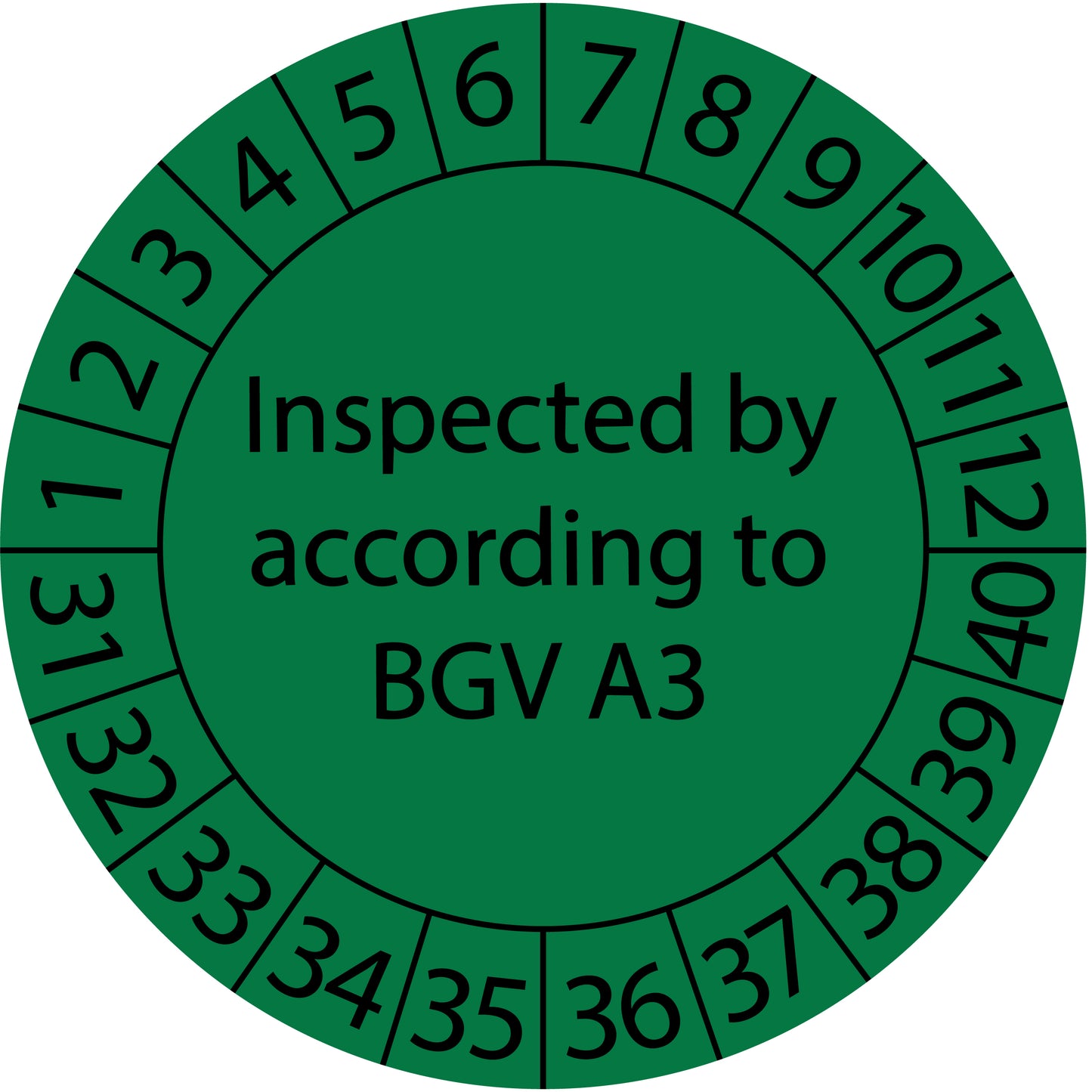 Mehrjahresprüfetiketten, Inspected by according to BGV A3, Startjahr: 2031 aus Papier oder Plastik
