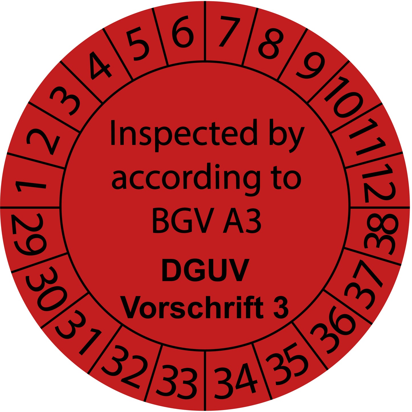 Mehrjahresprüfetiketten, Inspected by according to BGV A3, DGUV Vorschrift 3, Startjahr: 2029 aus Papier oder Plastik