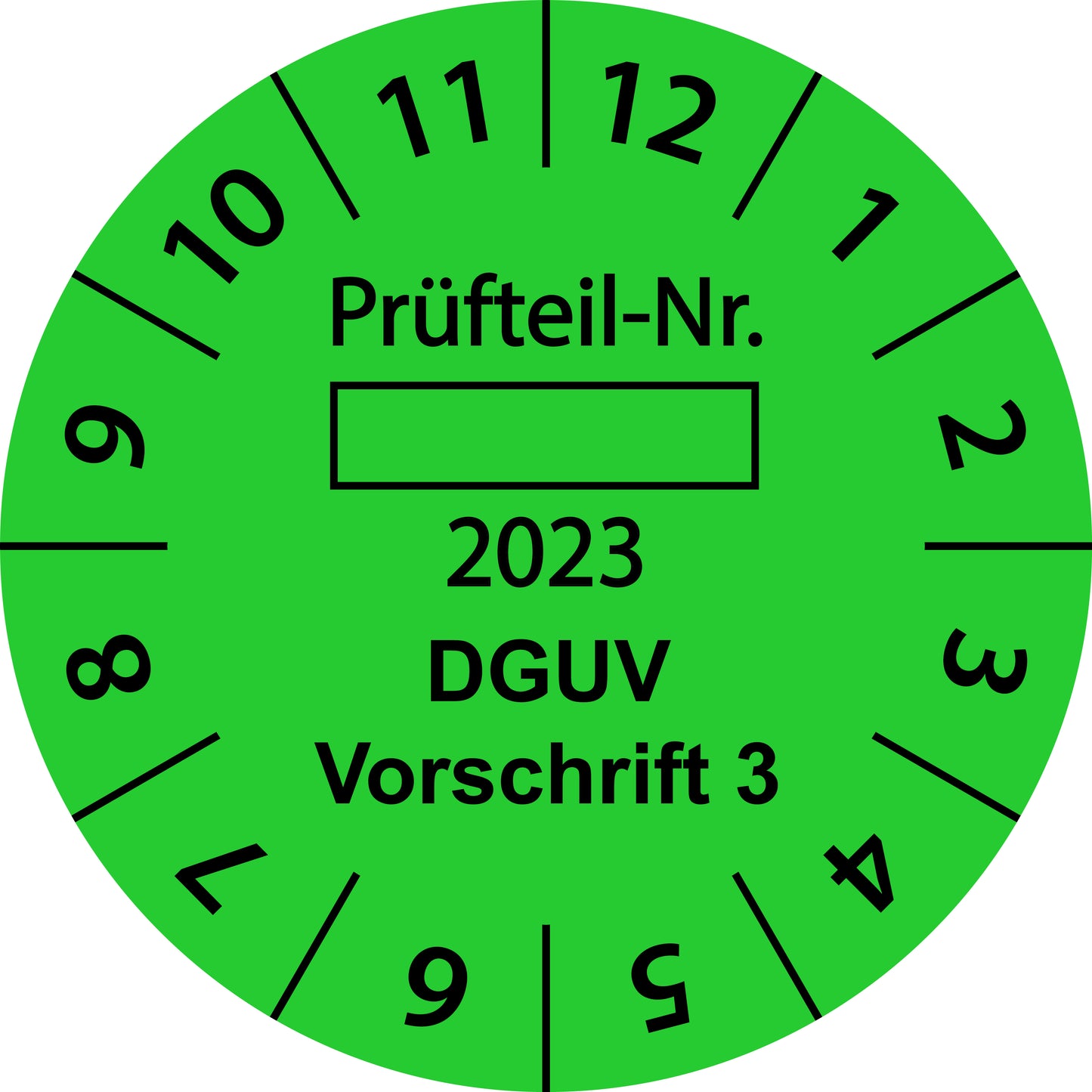 Einjahresprüfetiketten, Prüfteil-Nr. ..., DGUV Vorschrift 3, Startjahr: 2023 aus Papier oder Plastik