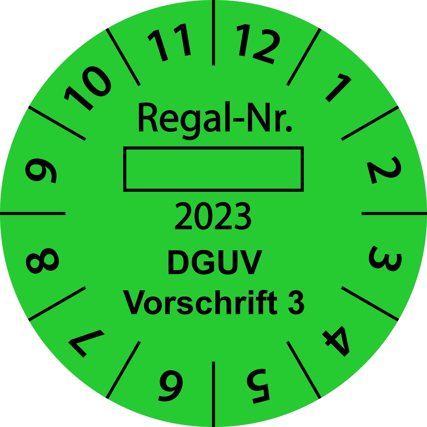 Einjahresprüfetiketten, Regal-Nr. ..., DGUV Vorschrift 3, Startjahr: 2023 aus Papier oder Plastik