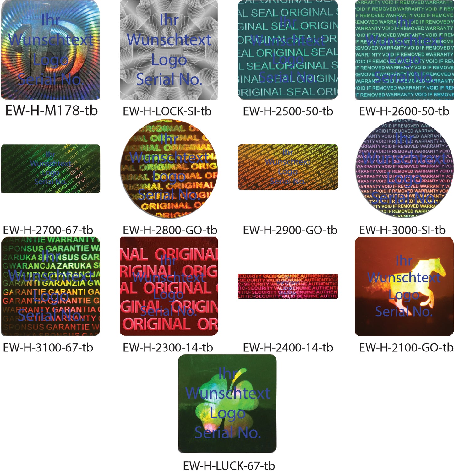 Hologramm-Aufkleber, Garantiesiegel, Sicherheitsetikett blau bedruckt mit Ihrem Wunschtext von EtikettenWorld