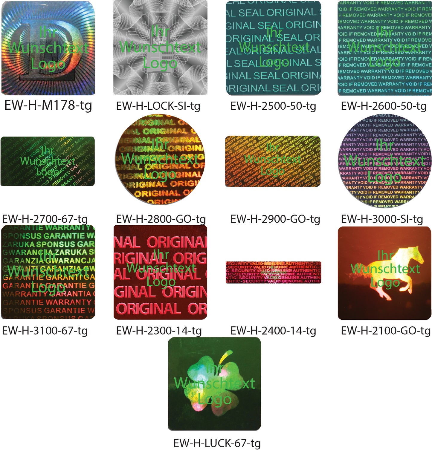 Hologramm-Aufkleber, Garantiesiegel, Sicherheitsetikett grün bedruckt mit Ihrem Wunschtext von EtikettenWorld