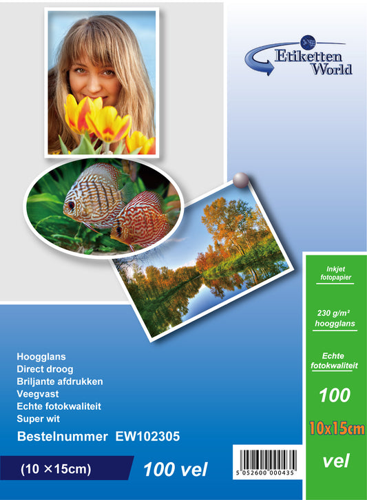 100 Blatt EtikettenWorld BV Fotopapier/Fotokarten 10x15cm 230g/qm hochglänzend und wasserfest EW102305