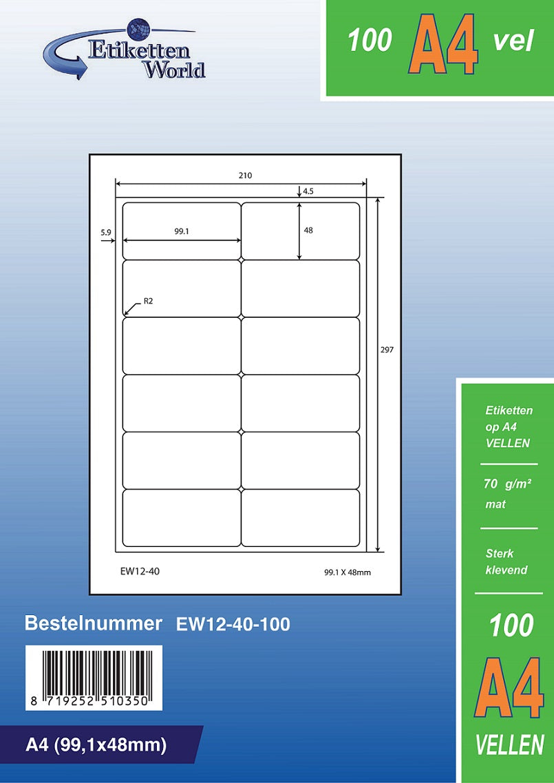 6000 Universaletiketten 99,1x48mm, auf 500 Din A4 Bogen, matt, selbstklebend, 70g EW12-40 von Etikettenworld