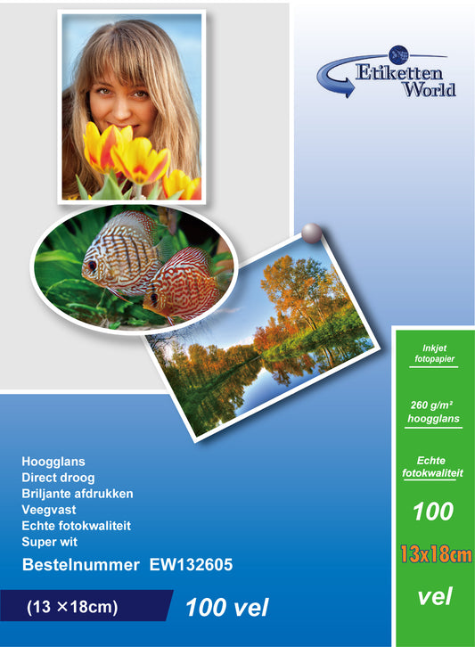 100 Blatt EtikettenWorld BV Fotopapier/Fotokarten 13x18cm 260g/qm hochglänzend und wasserfest EW132605