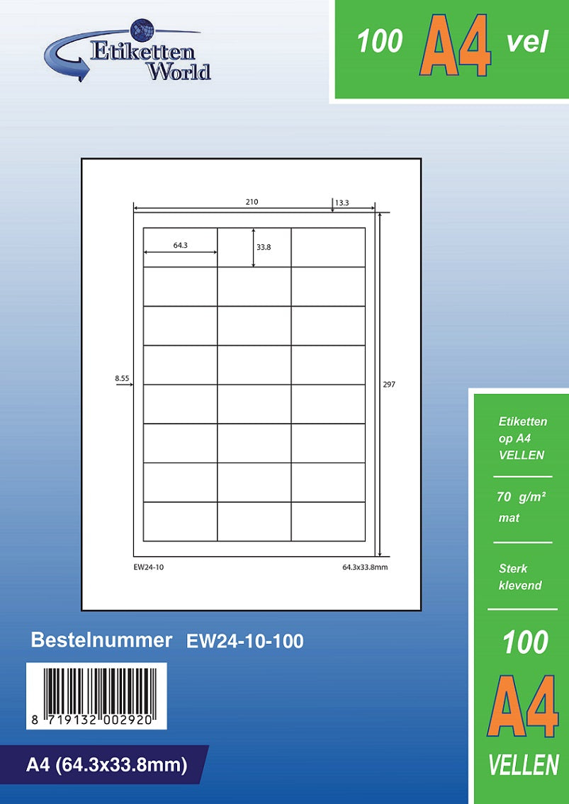 12000 Universaletiketten 64,3x33,8mm, auf 500 Din A4 Bogen, matt, selbstklebend, 70g EW24-10 von Etikettenworld