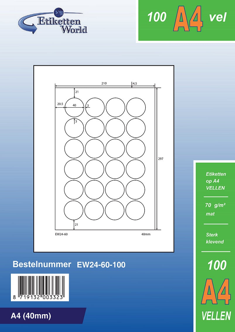 12000 Universaletiketten 40mm rund, auf 500 Din A4 Bogen, matt, selbstklebend, 70g EW24-60 von Etikettenworld