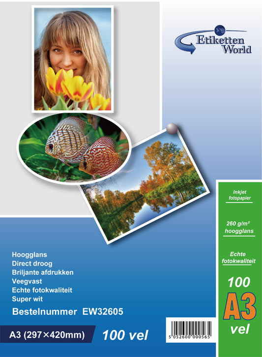 100 Blatt EtikettenWorld BV Fotopapier/ Fotokarten A3 260g/qm High Glossy und wasserfest