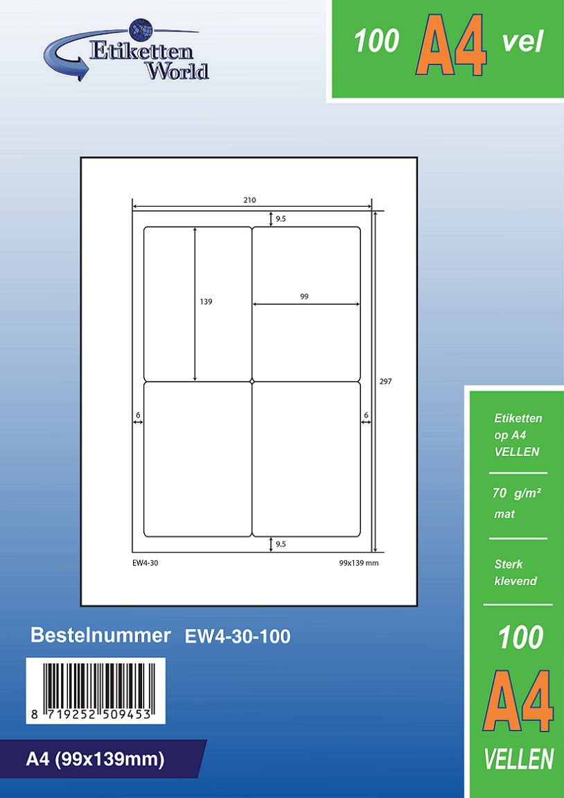 2000 Universaletiketten 99x139mm, auf 500 Din A4 Bogen, matt, selbstklebend, 70g EW4-30 von Etikettenworld