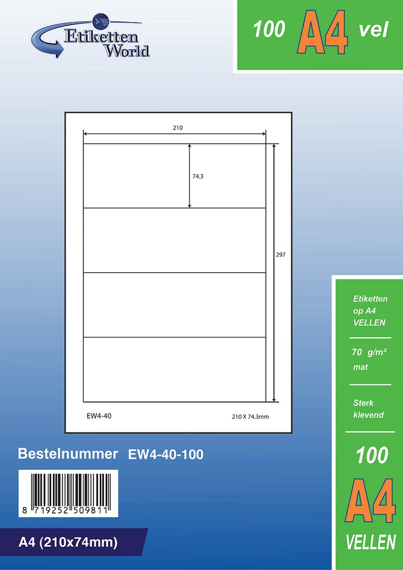 2000 Universaletiketten 210x74mm, auf 500 Din A4 Bogen, matt, selbstklebend, 70g EW4-40 von Etikettenworld