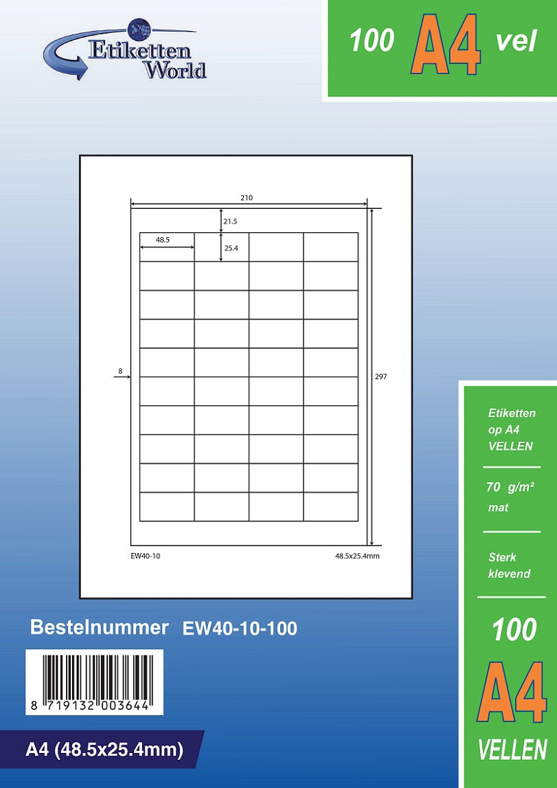 20000 Universaletiketten 48,5x25,4mm auf 500 Din A4 Bogen, matt, selbstklebend, 70g EW40-10 von Etikettenworld