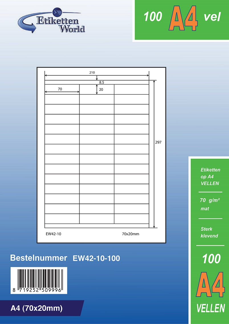21000 Universaletiketten 70x20mm auf 500 Din A4 Bogen, matt, selbstklebend, 70g EW42-10 von Etikettenworld