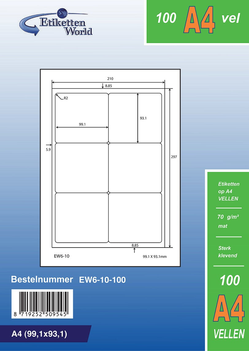 3000 Universaletiketten 99,1x93,1mm, auf 500 Din A4 Bogen, matt, selbstklebend, 70g EW6-10 von Etikettenworld