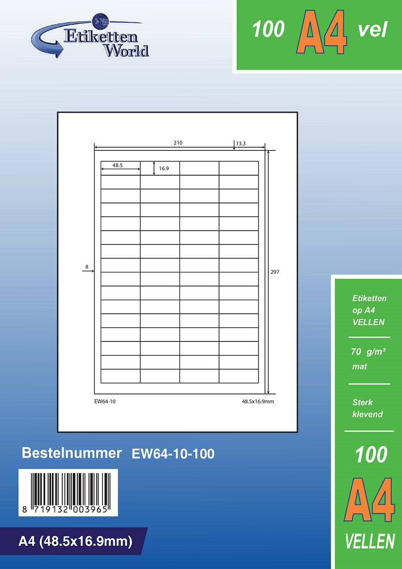 32000 Universaletiketten 48,5x16,9mm auf 500 Din A4 Bogen, matt, selbstklebend, 70g EW64-10 von Etikettenworld