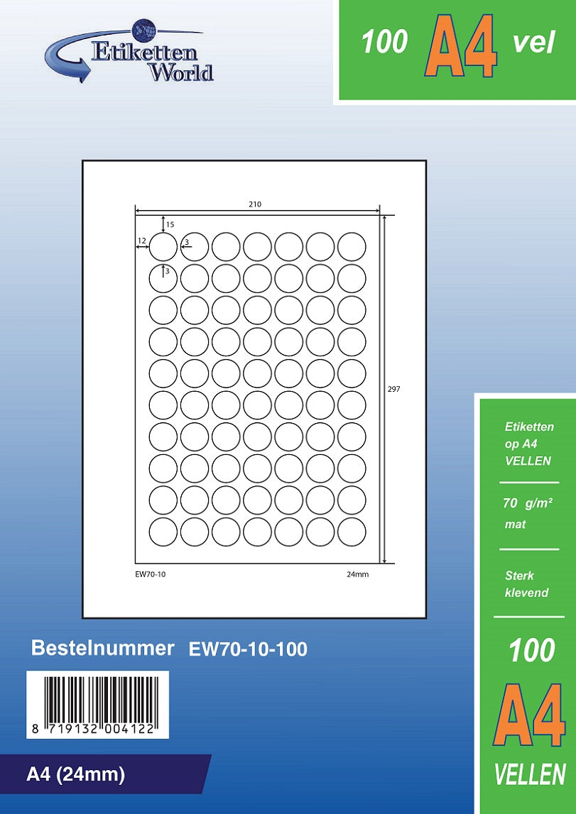 35000 Universaletiketten 24mm rund, auf 500 Din A4 Bogen, matt, selbstklebend, 70g EW70-10 von Etikettenworld