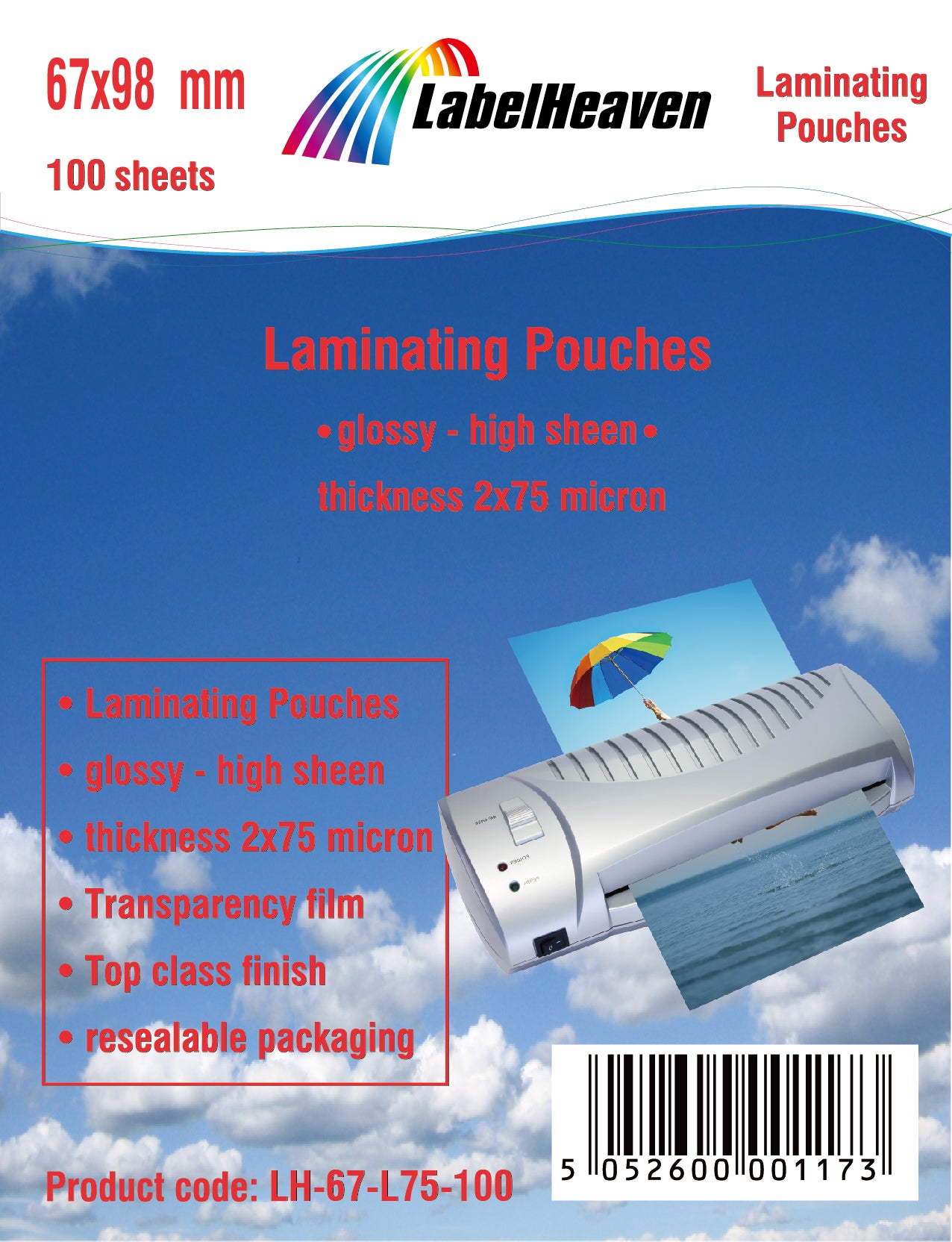 100 Blatt 67x98mm Laminierfolien/Laminiertaschen glänzend von LabelHeaven Ltd.